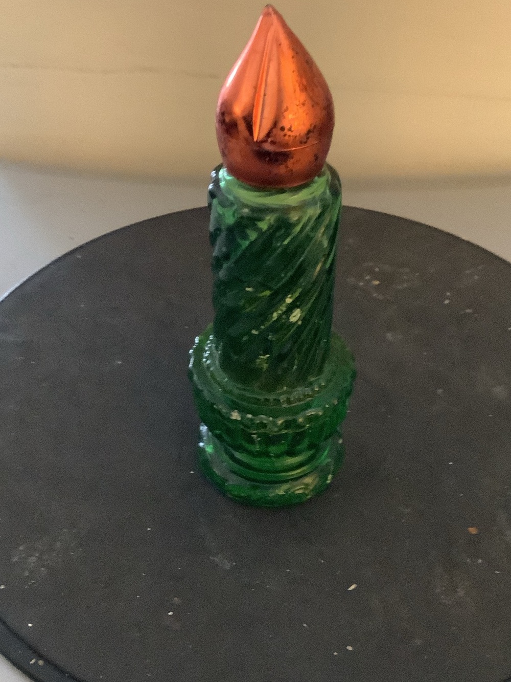 Avon Green Glass Candle Sculpture with Orange Flame